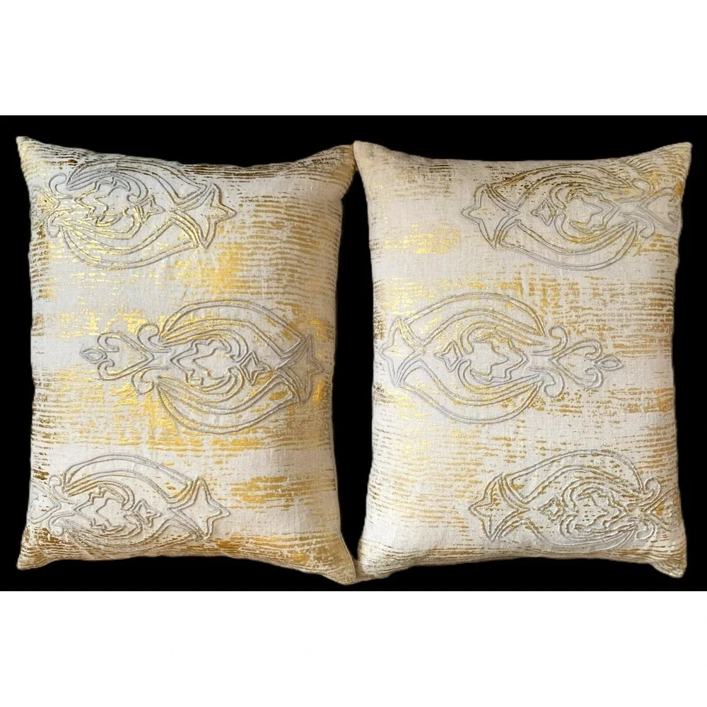 2 Gold Metallic Stump Embroidery Linen Feather Down Show Pillows Diem M. Abram